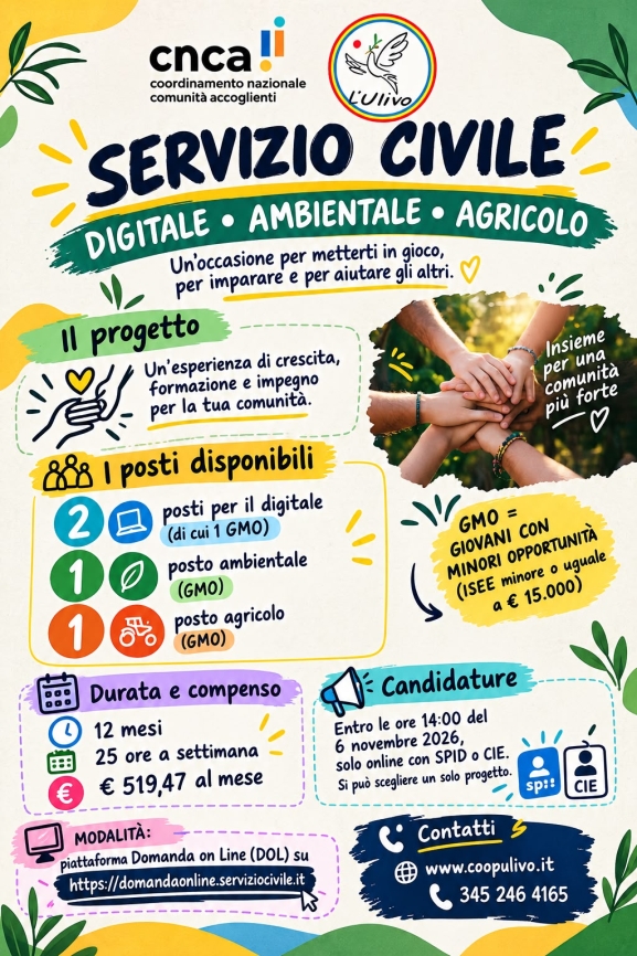 APERTE LE DOMANDE DI SERVIZIO CIVILE  DIGITALE-AMBIENTALE-AGRICOLO 2026/2027